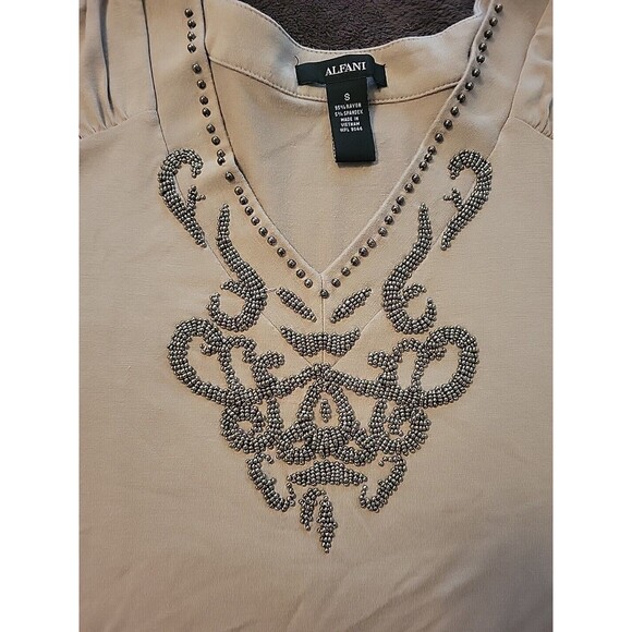 Alfani Beaded Rouched Shoulder Beige Sleeveless Top Small - Picture 9 of 9